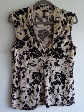 Zenim Blouse - Medium - Beige Black Floral Sleeveless (2568)